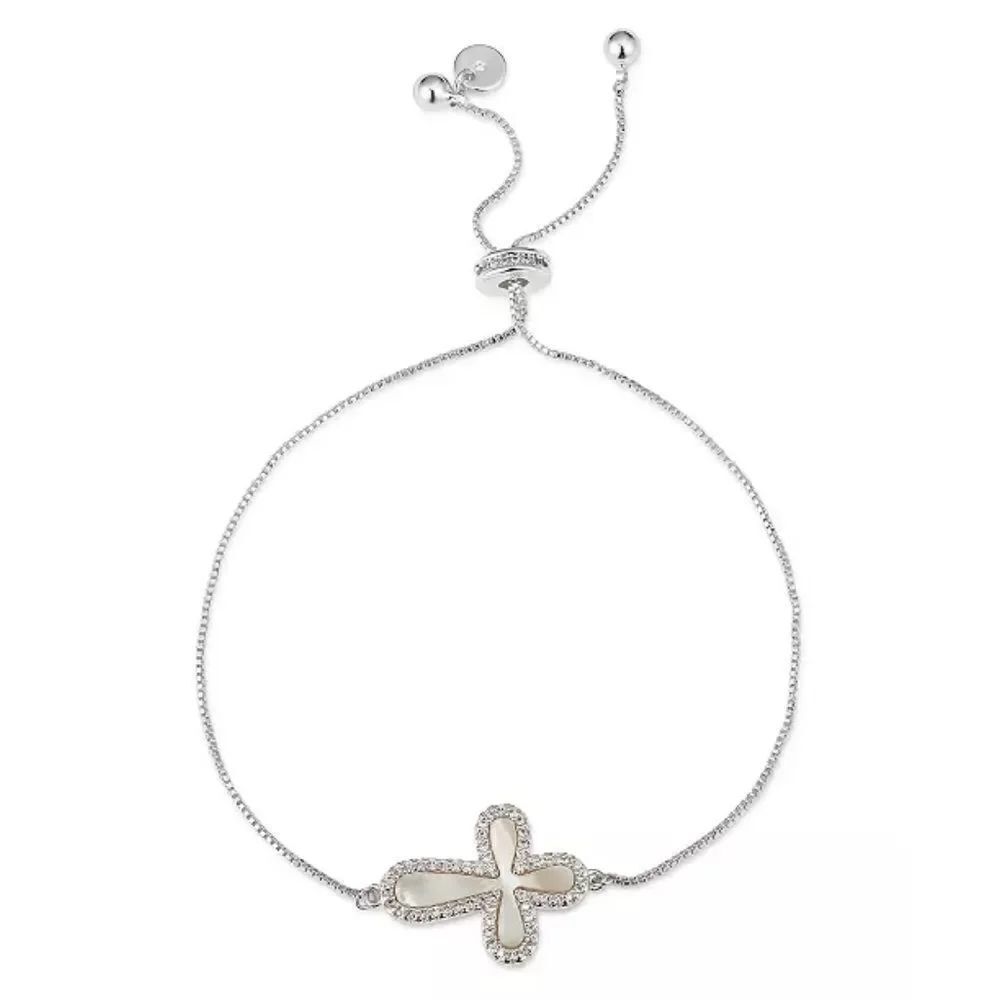 Unwritten Gratitude & Grace Silver Plate CZ Mother-of-Pearl Cross Bolo Bracelet